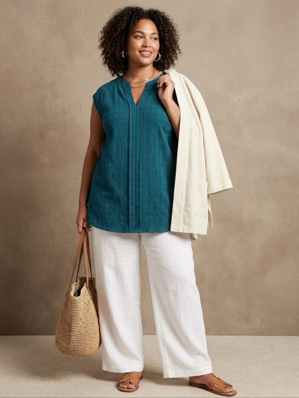 Plus Size 5XL Teal Blue Crinkle Knit Sleeveless Tunic Top Split Neck
